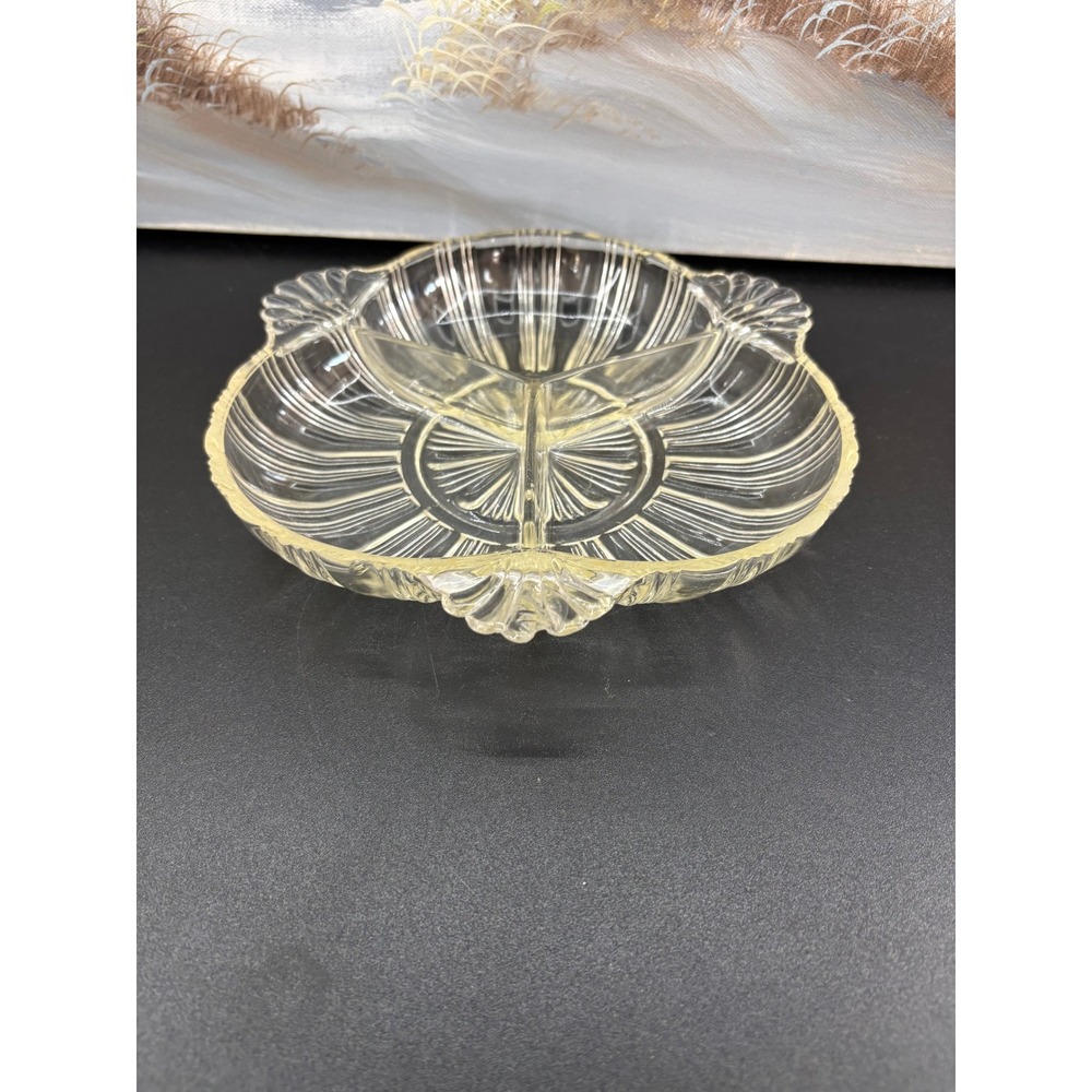 Vintage Clear Pressed Glass 3 Section Relish Dish w Handle 7" Art Deco